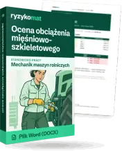 Pudełko dokumentu „Ocena obciążenia mięśniowo-szkieletowego” ze znakiem Ryzykomat i napisem „Plik Word (DOCX)” na froncie, ilustracja stanowiska „Mechanik maszyn rolniczych”; zza pudełka wystaje strona prawdziwego dokumentu z rozmytą treścią