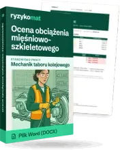 Pudełko dokumentu „Ocena obciążenia mięśniowo-szkieletowego” ze znakiem Ryzykomat i napisem „Plik Word (DOCX)” na froncie, ilustracja stanowiska „Mechanik taboru kolejowego”; zza pudełka wystaje strona prawdziwego dokumentu z rozmytą treścią