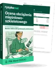 Pudełko dokumentu „Ocena obciążenia mięśniowo-szkieletowego” ze znakiem Ryzykomat i napisem „Plik Word (DOCX)” na froncie, ilustracja stanowiska „Monter elektroniki (podzespoły elektroniczne)”; zza pudełka wystaje strona prawdziwego dokumentu z rozmytą treścią