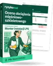 Pudełko dokumentu „Ocena obciążenia mięśniowo-szkieletowego” ze znakiem Ryzykomat i napisem „Plik Word (DOCX)” na froncie, ilustracja stanowiska „Monter instalacji LPG”; zza pudełka wystaje strona prawdziwego dokumentu z rozmytą treścią