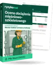 Pudełko dokumentu „Ocena obciążenia mięśniowo-szkieletowego” ze znakiem Ryzykomat i napisem „Plik Word (DOCX)” na froncie, ilustracja stanowiska „Monter kotłów i armatury kotłowej”; zza pudełka wystaje strona prawdziwego dokumentu z rozmytą treścią