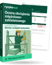 Pudełko dokumentu „Ocena obciążenia mięśniowo-szkieletowego” ze znakiem Ryzykomat i napisem „Plik Word (DOCX)” na froncie, ilustracja stanowiska „Monter ociepleń budynków”; zza pudełka wystaje strona prawdziwego dokumentu z rozmytą treścią