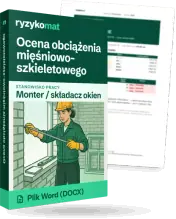 Pudełko dokumentu „Ocena obciążenia mięśniowo-szkieletowego” ze znakiem Ryzykomat i napisem „Plik Word (DOCX)” na froncie, ilustracja stanowiska „Monter / składacz okien”; zza pudełka wystaje strona prawdziwego dokumentu z rozmytą treścią