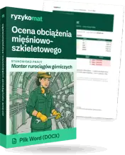 Pudełko dokumentu „Ocena obciążenia mięśniowo-szkieletowego” ze znakiem Ryzykomat i napisem „Plik Word (DOCX)” na froncie, ilustracja stanowiska „Monter rurociągów górniczych”; zza pudełka wystaje strona prawdziwego dokumentu z rozmytą treścią