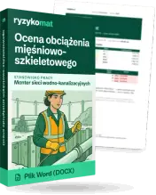 Pudełko dokumentu „Ocena obciążenia mięśniowo-szkieletowego” ze znakiem Ryzykomat i napisem „Plik Word (DOCX)” na froncie, ilustracja stanowiska „Monter sieci wodno-kanalizacyjnych”; zza pudełka wystaje strona prawdziwego dokumentu z rozmytą treścią