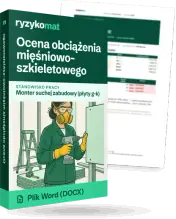 Pudełko dokumentu „Ocena obciążenia mięśniowo-szkieletowego” ze znakiem Ryzykomat i napisem „Plik Word (DOCX)” na froncie, ilustracja stanowiska „Monter suchej zabudowy (płyty g-k)”; zza pudełka wystaje strona prawdziwego dokumentu z rozmytą treścią