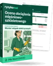 Pudełko dokumentu „Ocena obciążenia mięśniowo-szkieletowego” ze znakiem Ryzykomat i napisem „Plik Word (DOCX)” na froncie, ilustracja stanowiska „Monter wiązek elektrycznych”; zza pudełka wystaje strona prawdziwego dokumentu z rozmytą treścią