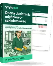 Pudełko dokumentu „Ocena obciążenia mięśniowo-szkieletowego” ze znakiem Ryzykomat i napisem „Plik Word (DOCX)” na froncie, ilustracja stanowiska „Monter pojazdów i urządzeń transportowych”; zza pudełka wystaje strona prawdziwego dokumentu z rozmytą treścią