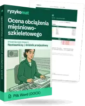 Pudełko dokumentu „Ocena obciążenia mięśniowo-szkieletowego” ze znakiem Ryzykomat i napisem „Plik Word (DOCX)” na froncie, ilustracja stanowiska „Nastawniczy / dróżnik przejazdowy”; zza pudełka wystaje strona prawdziwego dokumentu z rozmytą treścią