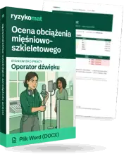 Pudełko dokumentu „Ocena obciążenia mięśniowo-szkieletowego” ze znakiem Ryzykomat i napisem „Plik Word (DOCX)” na froncie, ilustracja stanowiska „Operator dźwięku”; zza pudełka wystaje strona prawdziwego dokumentu z rozmytą treścią