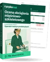 Pudełko dokumentu „Ocena obciążenia mięśniowo-szkieletowego” ze znakiem Ryzykomat i napisem „Plik Word (DOCX)” na froncie, ilustracja stanowiska „Operator maszyn produkcyjnych”; zza pudełka wystaje strona prawdziwego dokumentu z rozmytą treścią