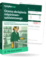 Pudełko dokumentu „Ocena obciążenia mięśniowo-szkieletowego” ze znakiem Ryzykomat i napisem „Plik Word (DOCX)” na froncie, ilustracja stanowiska „Operator maszyn włókienniczych (tkanie, dzianie)”; zza pudełka wystaje strona prawdziwego dokumentu z rozmytą treścią