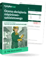 Pudełko dokumentu „Ocena obciążenia mięśniowo-szkieletowego” ze znakiem Ryzykomat i napisem „Plik Word (DOCX)” na froncie, ilustracja stanowiska „Operator przeróbki mechanicznej węgla”; zza pudełka wystaje strona prawdziwego dokumentu z rozmytą treścią