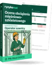 Pudełko dokumentu „Ocena obciążenia mięśniowo-szkieletowego” ze znakiem Ryzykomat i napisem „Plik Word (DOCX)” na froncie, ilustracja stanowiska „Operator suwnicy”; zza pudełka wystaje strona prawdziwego dokumentu z rozmytą treścią