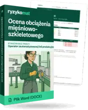 Pudełko dokumentu „Ocena obciążenia mięśniowo-szkieletowego” ze znakiem Ryzykomat i napisem „Plik Word (DOCX)” na froncie, ilustracja stanowiska „Operator zautomatyzowanej linii produkcyjnej”; zza pudełka wystaje strona prawdziwego dokumentu z rozmytą treścią