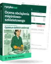 Pudełko dokumentu „Ocena obciążenia mięśniowo-szkieletowego” ze znakiem Ryzykomat i napisem „Plik Word (DOCX)” na froncie, ilustracja stanowiska „Opiekun dzikich zwierząt”; zza pudełka wystaje strona prawdziwego dokumentu z rozmytą treścią