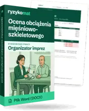Pudełko dokumentu „Ocena obciążenia mięśniowo-szkieletowego” ze znakiem Ryzykomat i napisem „Plik Word (DOCX)” na froncie, ilustracja stanowiska „Organizator imprez”; zza pudełka wystaje strona prawdziwego dokumentu z rozmytą treścią