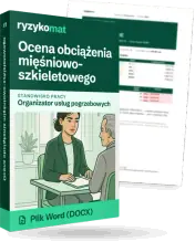Pudełko dokumentu „Ocena obciążenia mięśniowo-szkieletowego” ze znakiem Ryzykomat i napisem „Plik Word (DOCX)” na froncie, ilustracja stanowiska „Organizator usług pogrzebowych”; zza pudełka wystaje strona prawdziwego dokumentu z rozmytą treścią