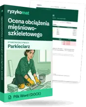 Pudełko dokumentu „Ocena obciążenia mięśniowo-szkieletowego” ze znakiem Ryzykomat i napisem „Plik Word (DOCX)” na froncie, ilustracja stanowiska „Parkieciarz”; zza pudełka wystaje strona prawdziwego dokumentu z rozmytą treścią