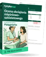 Pudełko dokumentu „Ocena obciążenia mięśniowo-szkieletowego” ze znakiem Ryzykomat i napisem „Plik Word (DOCX)” na froncie, ilustracja stanowiska „Pielęgniarka”; zza pudełka wystaje strona prawdziwego dokumentu z rozmytą treścią