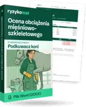 Pudełko dokumentu „Ocena obciążenia mięśniowo-szkieletowego” ze znakiem Ryzykomat i napisem „Plik Word (DOCX)” na froncie, ilustracja stanowiska „Podkuwacz koni”; zza pudełka wystaje strona prawdziwego dokumentu z rozmytą treścią