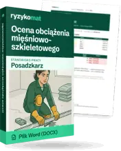 Pudełko dokumentu „Ocena obciążenia mięśniowo-szkieletowego” ze znakiem Ryzykomat i napisem „Plik Word (DOCX)” na froncie, ilustracja stanowiska „Posadzkarz”; zza pudełka wystaje strona prawdziwego dokumentu z rozmytą treścią