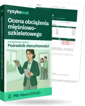 Pudełko dokumentu „Ocena obciążenia mięśniowo-szkieletowego” ze znakiem Ryzykomat i napisem „Plik Word (DOCX)” na froncie, ilustracja stanowiska „Pośrednik nieruchomości”; zza pudełka wystaje strona prawdziwego dokumentu z rozmytą treścią