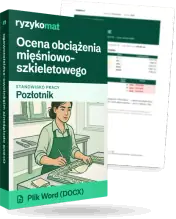 Pudełko dokumentu „Ocena obciążenia mięśniowo-szkieletowego” ze znakiem Ryzykomat i napisem „Plik Word (DOCX)” na froncie, ilustracja stanowiska „Pozłotnik”; zza pudełka wystaje strona prawdziwego dokumentu z rozmytą treścią