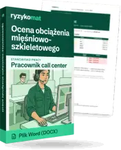 Pudełko dokumentu „Ocena obciążenia mięśniowo-szkieletowego” ze znakiem Ryzykomat i napisem „Plik Word (DOCX)” na froncie, ilustracja stanowiska „Pracownik call center”; zza pudełka wystaje strona prawdziwego dokumentu z rozmytą treścią
