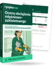 Pudełko dokumentu „Ocena obciążenia mięśniowo-szkieletowego” ze znakiem Ryzykomat i napisem „Plik Word (DOCX)” na froncie, ilustracja stanowiska „Pracownik dezynsekcji i deratyzacji (DDD)”; zza pudełka wystaje strona prawdziwego dokumentu z rozmytą treścią