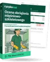 Pudełko dokumentu „Ocena obciążenia mięśniowo-szkieletowego” ze znakiem Ryzykomat i napisem „Plik Word (DOCX)” na froncie, ilustracja stanowiska „Pracownik gastronomii szybkiej obsługi (fast food)”; zza pudełka wystaje strona prawdziwego dokumentu z rozmytą treścią