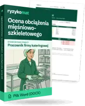 Pudełko dokumentu „Ocena obciążenia mięśniowo-szkieletowego” ze znakiem Ryzykomat i napisem „Plik Word (DOCX)” na froncie, ilustracja stanowiska „Pracownik firmy kateringowej”; zza pudełka wystaje strona prawdziwego dokumentu z rozmytą treścią