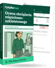 Pudełko dokumentu „Ocena obciążenia mięśniowo-szkieletowego” ze znakiem Ryzykomat i napisem „Plik Word (DOCX)” na froncie, ilustracja stanowiska „Pracownik kontroli bezpieczeństwa na lotnisku”; zza pudełka wystaje strona prawdziwego dokumentu z rozmytą treścią