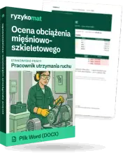 Pudełko dokumentu „Ocena obciążenia mięśniowo-szkieletowego” ze znakiem Ryzykomat i napisem „Plik Word (DOCX)” na froncie, ilustracja stanowiska „Pracownik utrzymania ruchu”; zza pudełka wystaje strona prawdziwego dokumentu z rozmytą treścią