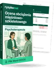 Pudełko dokumentu „Ocena obciążenia mięśniowo-szkieletowego” ze znakiem Ryzykomat i napisem „Plik Word (DOCX)” na froncie, ilustracja stanowiska „Psychoterapeuta”; zza pudełka wystaje strona prawdziwego dokumentu z rozmytą treścią