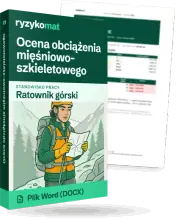 Pudełko dokumentu „Ocena obciążenia mięśniowo-szkieletowego” ze znakiem Ryzykomat i napisem „Plik Word (DOCX)” na froncie, ilustracja stanowiska „Ratownik górski”; zza pudełka wystaje strona prawdziwego dokumentu z rozmytą treścią