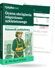 Pudełko dokumentu „Ocena obciążenia mięśniowo-szkieletowego” ze znakiem Ryzykomat i napisem „Plik Word (DOCX)” na froncie, ilustracja stanowiska „Ratownik pokładowy”; zza pudełka wystaje strona prawdziwego dokumentu z rozmytą treścią