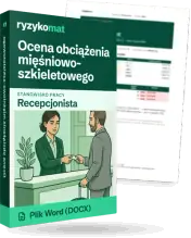 Pudełko dokumentu „Ocena obciążenia mięśniowo-szkieletowego” ze znakiem Ryzykomat i napisem „Plik Word (DOCX)” na froncie, ilustracja stanowiska „Recepcjonista”; zza pudełka wystaje strona prawdziwego dokumentu z rozmytą treścią