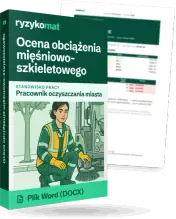 Pudełko dokumentu „Ocena obciążenia mięśniowo-szkieletowego” ze znakiem Ryzykomat i napisem „Plik Word (DOCX)” na froncie, ilustracja stanowiska „Pracownik oczyszczania miasta”; zza pudełka wystaje strona prawdziwego dokumentu z rozmytą treścią