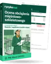Pudełko dokumentu „Ocena obciążenia mięśniowo-szkieletowego” ze znakiem Ryzykomat i napisem „Plik Word (DOCX)” na froncie, ilustracja stanowiska „Rzeźnik / wędliniarz (rozbiór mięsa)”; zza pudełka wystaje strona prawdziwego dokumentu z rozmytą treścią