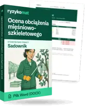 Pudełko dokumentu „Ocena obciążenia mięśniowo-szkieletowego” ze znakiem Ryzykomat i napisem „Plik Word (DOCX)” na froncie, ilustracja stanowiska „Sadownik”; zza pudełka wystaje strona prawdziwego dokumentu z rozmytą treścią