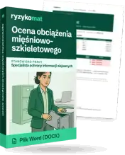 Pudełko dokumentu „Ocena obciążenia mięśniowo-szkieletowego” ze znakiem Ryzykomat i napisem „Plik Word (DOCX)” na froncie, ilustracja stanowiska „Specjalista ochrony informacji niejawnych”; zza pudełka wystaje strona prawdziwego dokumentu z rozmytą treścią