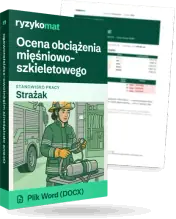 Pudełko dokumentu „Ocena obciążenia mięśniowo-szkieletowego” ze znakiem Ryzykomat i napisem „Plik Word (DOCX)” na froncie, ilustracja stanowiska „Strażak”; zza pudełka wystaje strona prawdziwego dokumentu z rozmytą treścią