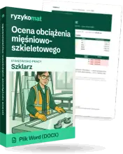 Pudełko dokumentu „Ocena obciążenia mięśniowo-szkieletowego” ze znakiem Ryzykomat i napisem „Plik Word (DOCX)” na froncie, ilustracja stanowiska „Szklarz”; zza pudełka wystaje strona prawdziwego dokumentu z rozmytą treścią