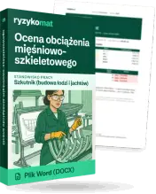 Pudełko dokumentu „Ocena obciążenia mięśniowo-szkieletowego” ze znakiem Ryzykomat i napisem „Plik Word (DOCX)” na froncie, ilustracja stanowiska „Szkutnik (budowa łodzi i jachtów)”; zza pudełka wystaje strona prawdziwego dokumentu z rozmytą treścią