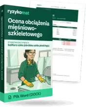 Pudełko dokumentu „Ocena obciążenia mięśniowo-szkieletowego” ze znakiem Ryzykomat i napisem „Plik Word (DOCX)” na froncie, ilustracja stanowiska „Szlifierz szkła (obróbka szkła płaskiego)”; zza pudełka wystaje strona prawdziwego dokumentu z rozmytą treścią