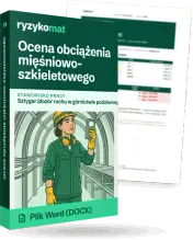 Pudełko dokumentu „Ocena obciążenia mięśniowo-szkieletowego” ze znakiem Ryzykomat i napisem „Plik Word (DOCX)” na froncie, ilustracja stanowiska „Sztygar (dozór ruchu w górnictwie podziemnym)”; zza pudełka wystaje strona prawdziwego dokumentu z rozmytą treścią