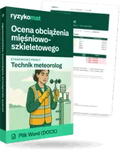 Pudełko dokumentu „Ocena obciążenia mięśniowo-szkieletowego” ze znakiem Ryzykomat i napisem „Plik Word (DOCX)” na froncie, ilustracja stanowiska „Technik meteorolog”; zza pudełka wystaje strona prawdziwego dokumentu z rozmytą treścią