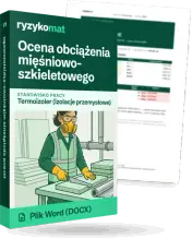 Pudełko dokumentu „Ocena obciążenia mięśniowo-szkieletowego” ze znakiem Ryzykomat i napisem „Plik Word (DOCX)” na froncie, ilustracja stanowiska „Termoizoler (izolacje przemysłowe)”; zza pudełka wystaje strona prawdziwego dokumentu z rozmytą treścią