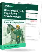 Pudełko dokumentu „Ocena obciążenia mięśniowo-szkieletowego” ze znakiem Ryzykomat i napisem „Plik Word (DOCX)” na froncie, ilustracja stanowiska „Trener koni wyścigowych”; zza pudełka wystaje strona prawdziwego dokumentu z rozmytą treścią